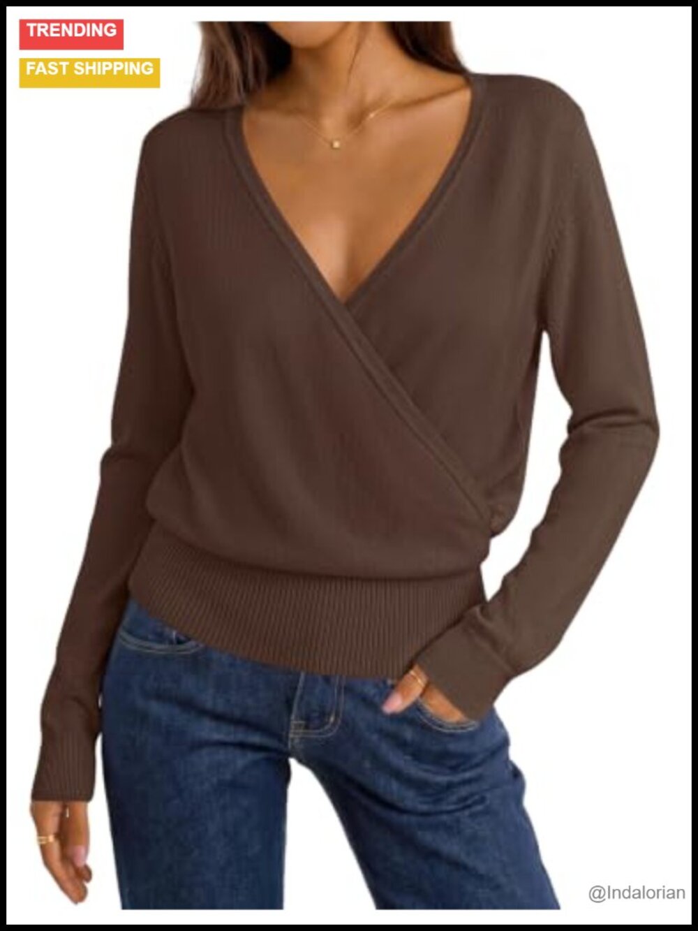 V Neck Wrap Sweater Knit Long Sleeve Pullover Top